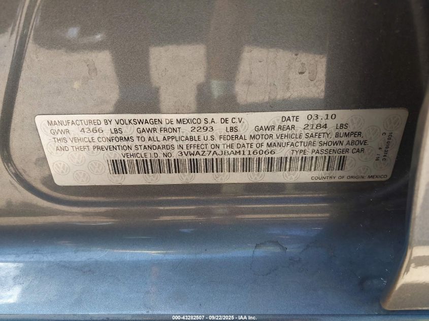 2010 Volkswagen Jetta Limited Edition VIN: 3VWAZ7AJ8AM116066 Lot: 43282507