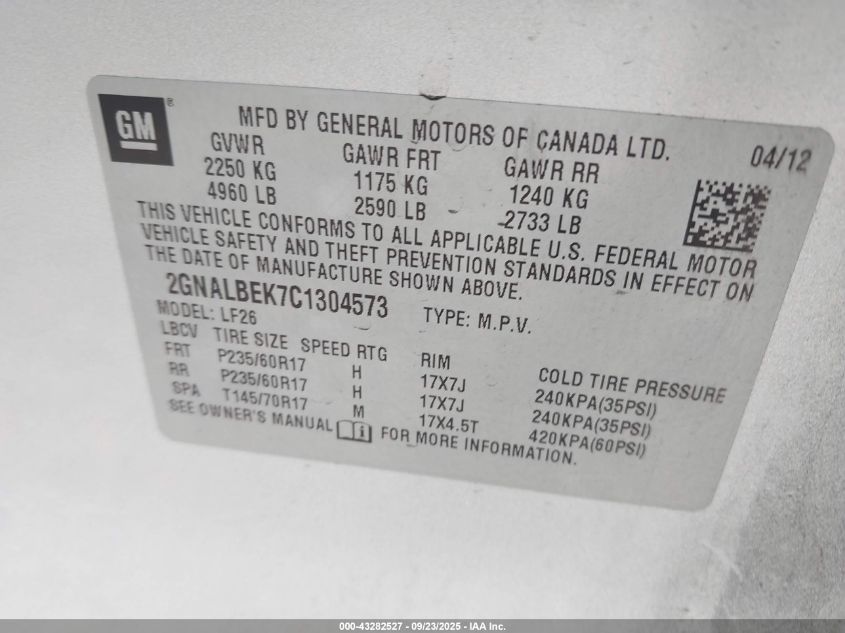 2012 Chevrolet Equinox Ls VIN: 2GNALBEK7C1304573 Lot: 43282527