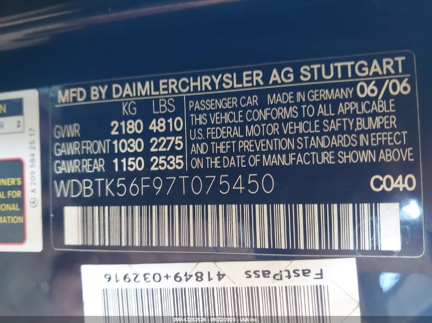 2007 Mercedes-Benz Clk 350 VIN: WDBTK56F97T075450 Lot: 43282536