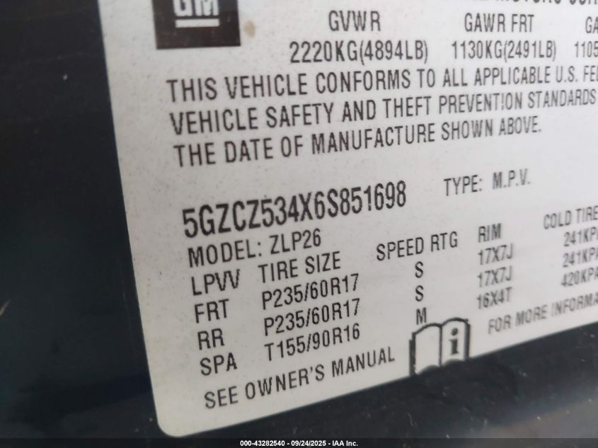 2006 Saturn Vue V6 VIN: 5GZCZ534X6S851698 Lot: 43282540