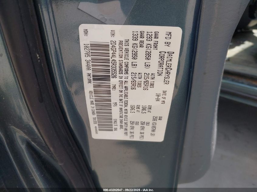 2005 Dodge Grand Caravan Sxt VIN: 2D4GP44L45R335526 Lot: 43282547