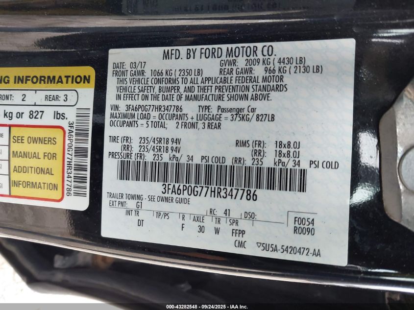 2017 Ford Fusion S VIN: 3FA6P0G77HR347786 Lot: 43282548