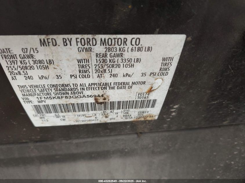 2016 Ford Explorer Limited VIN: 1FM5K8F83GGA56944 Lot: 43282549