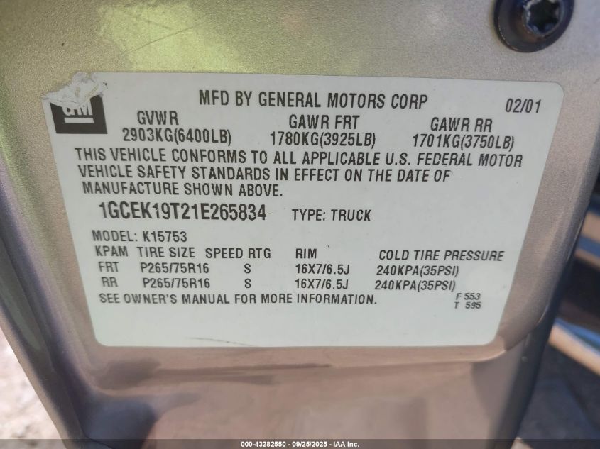 2001 Chevrolet Silverado 1500 Lt VIN: 1GCEK19T21E265834 Lot: 43282550