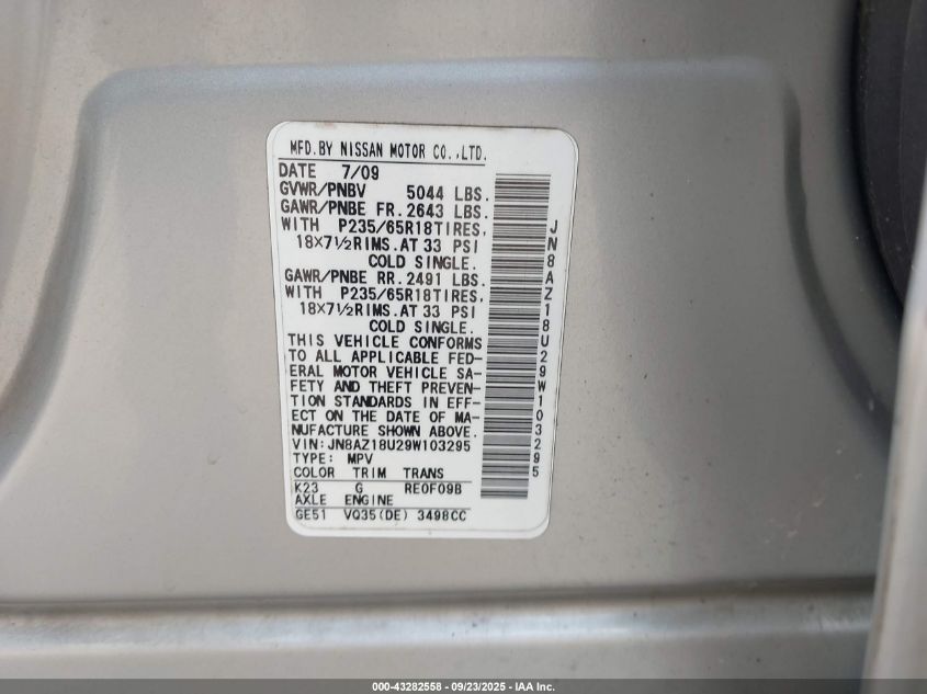 2009 Nissan Murano Sl VIN: JN8AZ18U29W103295 Lot: 43282558