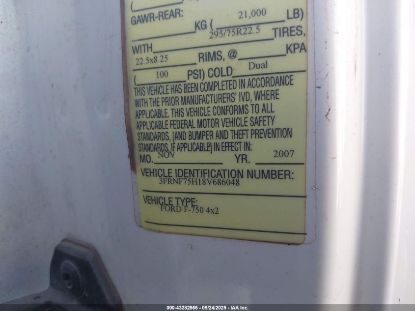 2008 Ford F-750 Xl/Xlt VIN: 3FRNF75H18V686048 Lot: 43282566
