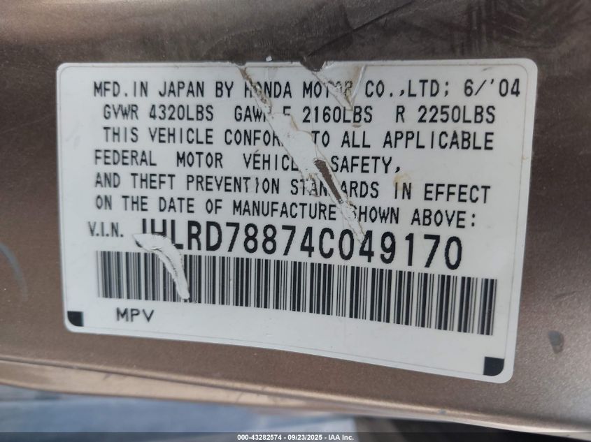 2004 Honda Cr-V Ex VIN: JHLRD78874C049170 Lot: 43282574