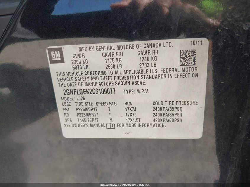 2012 Chevrolet Equinox Ltz VIN: 2GNFLGEK2C6189077 Lot: 43282575