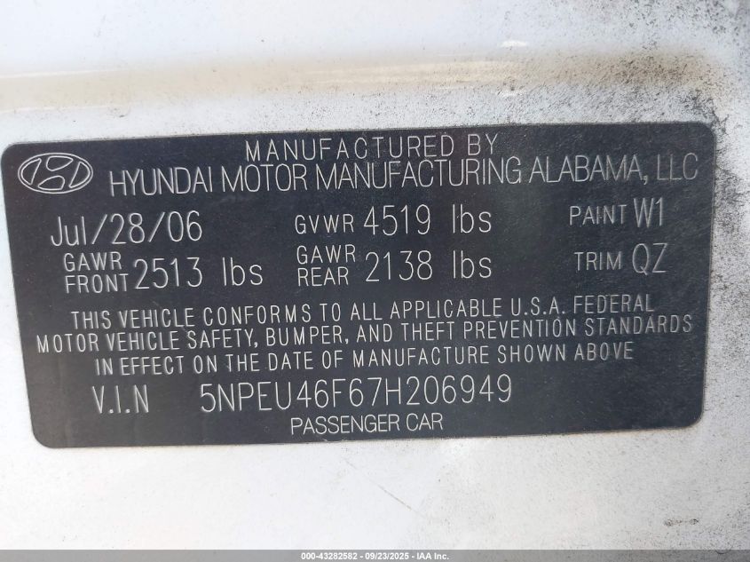2007 Hyundai Sonata Limited/Se V6 VIN: 5NPEU46F67H206949 Lot: 43282582