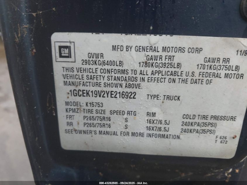 2000 Chevrolet Silverado 1500 Ls VIN: 1GCEK19V2YE216922 Lot: 43282585