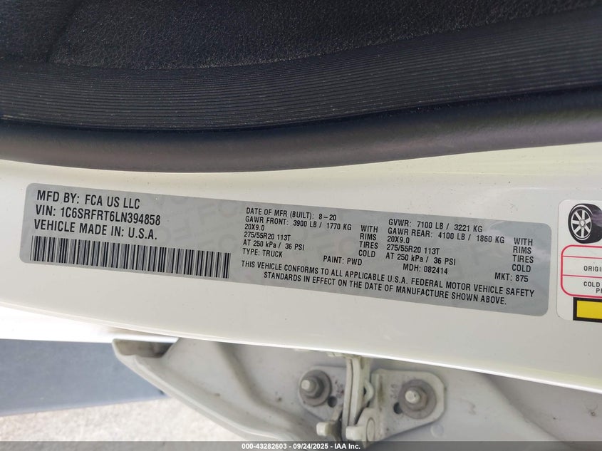 2020 RAM 1500 LARAMIE  4X4 6'4 BOX - 1C6SRFRT6LN394858