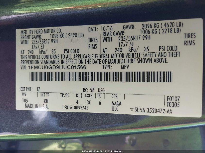 2017 Ford Escape Se VIN: 1FMCU0GD9HUC01566 Lot: 43282620