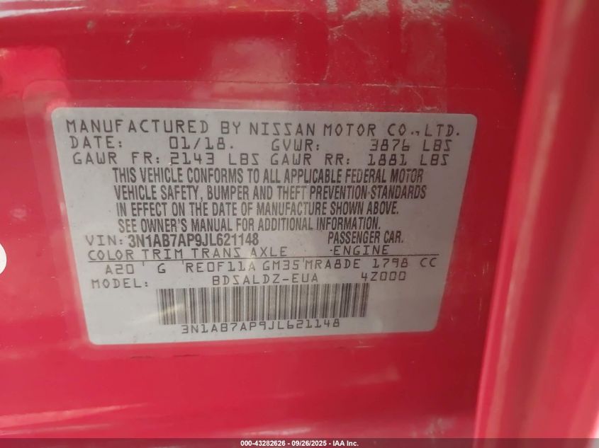 2018 Nissan Sentra Sv VIN: 3N1AB7AP9JL621148 Lot: 43282626