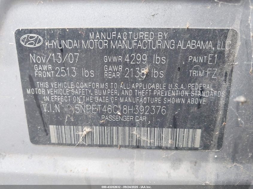 2008 Hyundai Sonata Gls VIN: 5NPET46C18H392376 Lot: 43282632