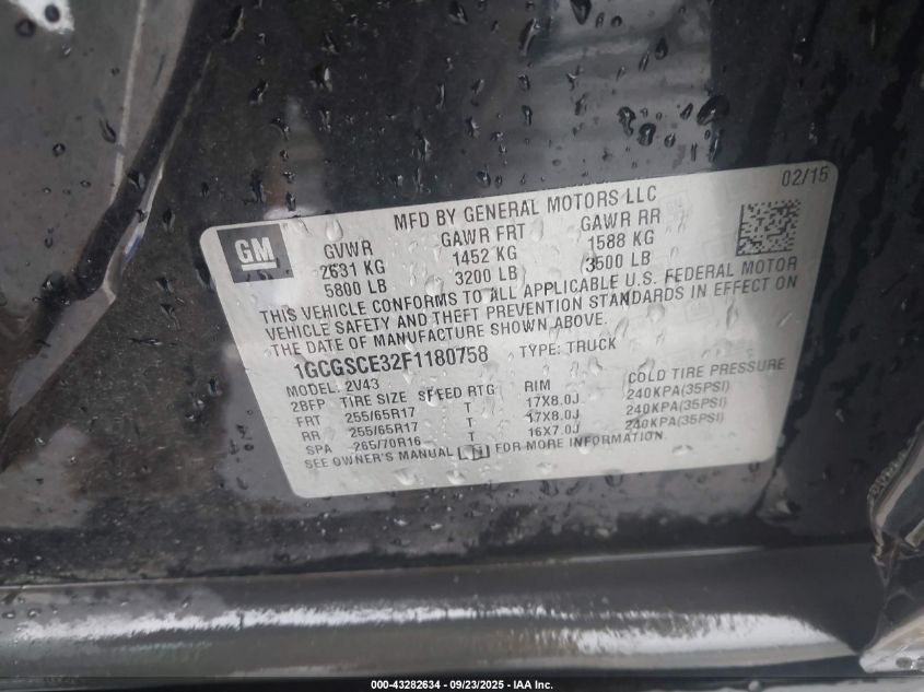 2015 Chevrolet Colorado Z71 VIN: 1GCGSCE32F1180758 Lot: 43282634