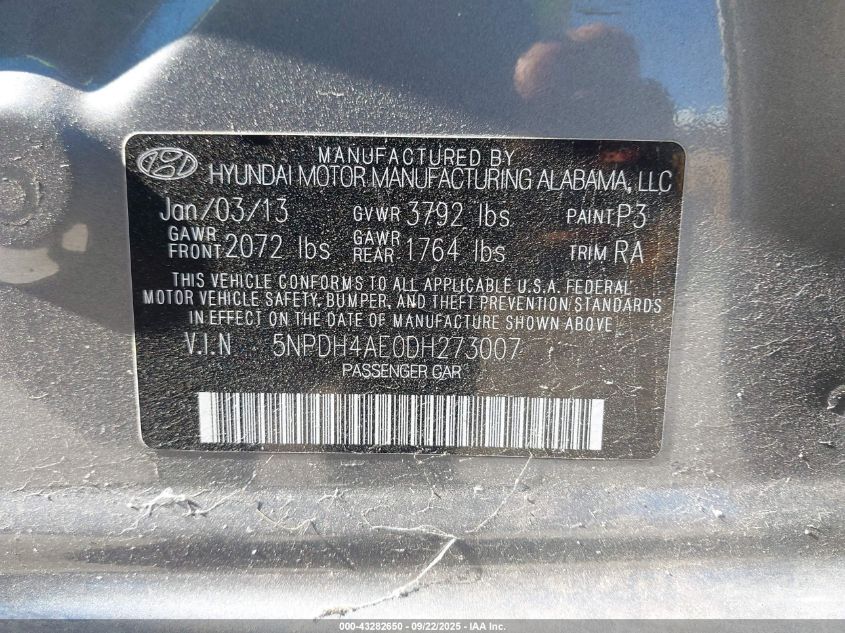 2013 Hyundai Elantra Gls VIN: 5NPDH4AE0DH273007 Lot: 43282650