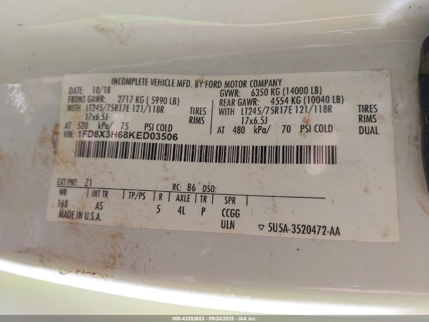 2019 Ford F-350 Chassis Xl VIN: 1FD8X3H68KED03506 Lot: 43282653