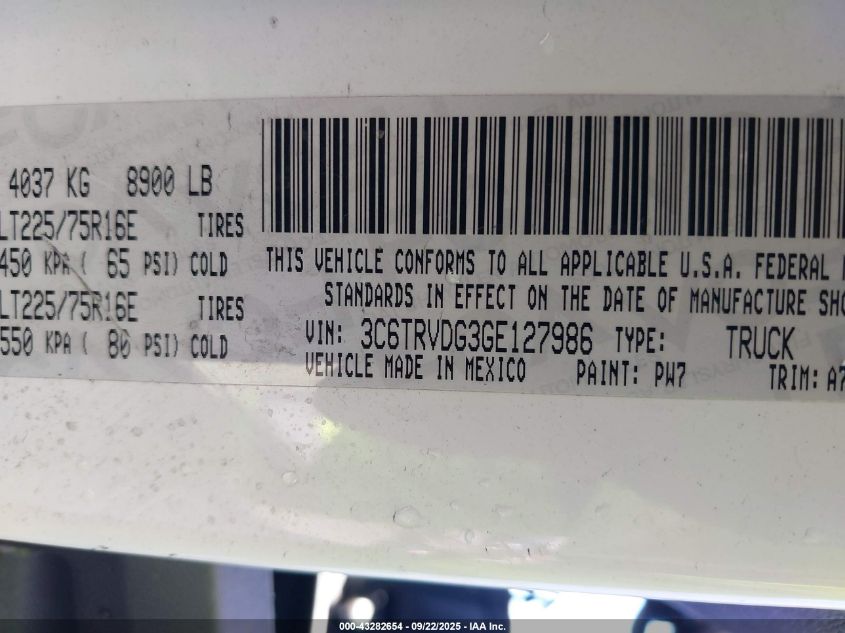 2016 Ram Promaster 2500 High Roof VIN: 3C6TRVDG3GE127986 Lot: 43282654
