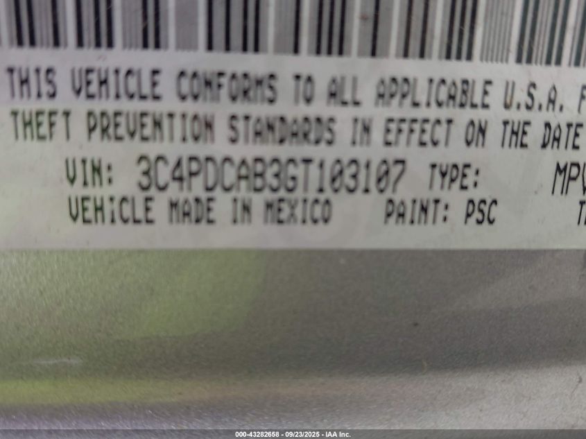 2016 Dodge Journey Se VIN: 3C4PDCAB3GT103107 Lot: 43282658