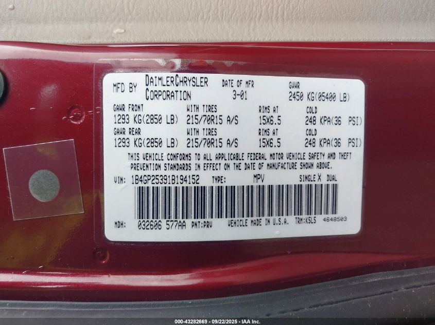 2001 Dodge Caravan Se VIN: 1B4GP25391B194152 Lot: 43282669