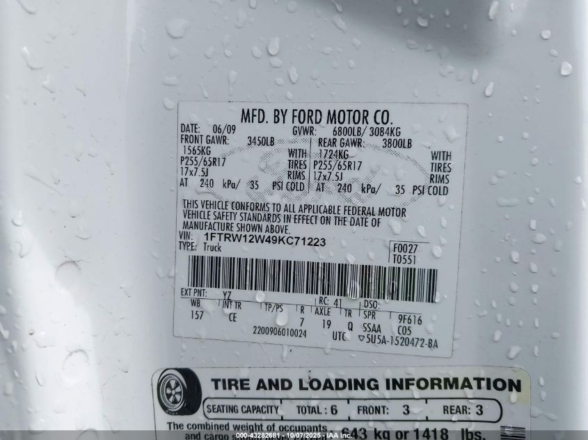 2009 Ford F-150 Xl/Xlt VIN: 1FTRW12W49KC71223 Lot: 43282681