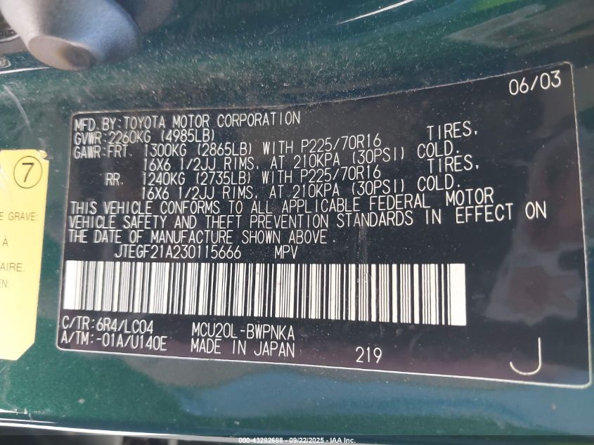 2003 Toyota Highlander Limited V6 VIN: JTEGF21A230115666 Lot: 43282688