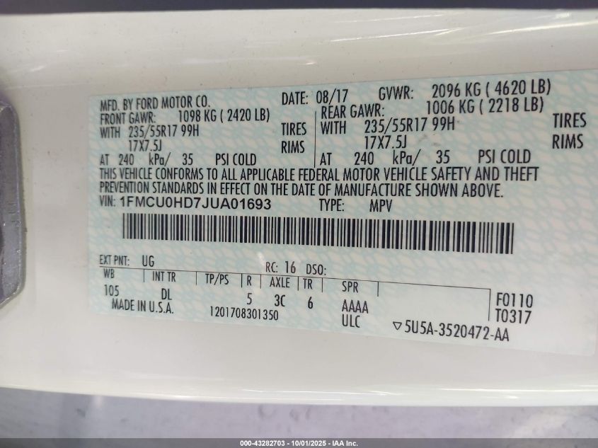 2018 Ford Escape Sel VIN: 1FMCU0HD7JUA01693 Lot: 43282703