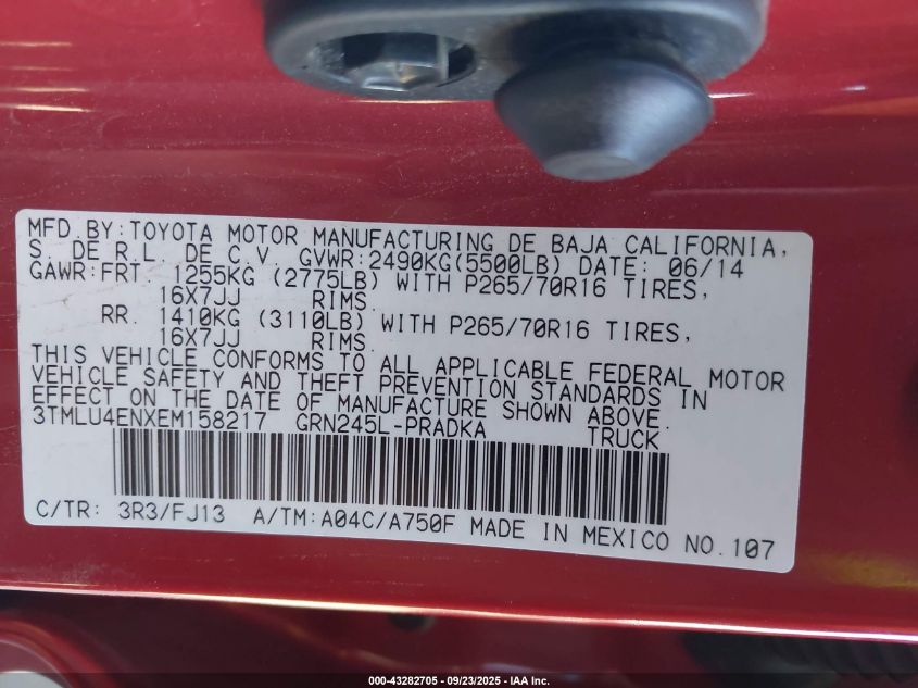 2014 Toyota Tacoma Base V6 VIN: 3TMLU4ENXEM158217 Lot: 43282705