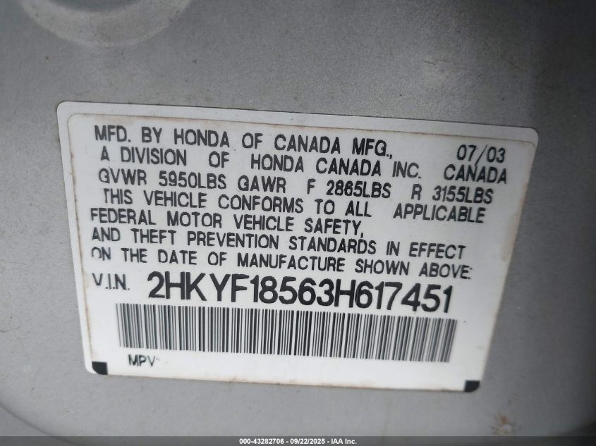 2003 Honda Pilot Ex-L VIN: 2HKYF18563H617451 Lot: 43282706