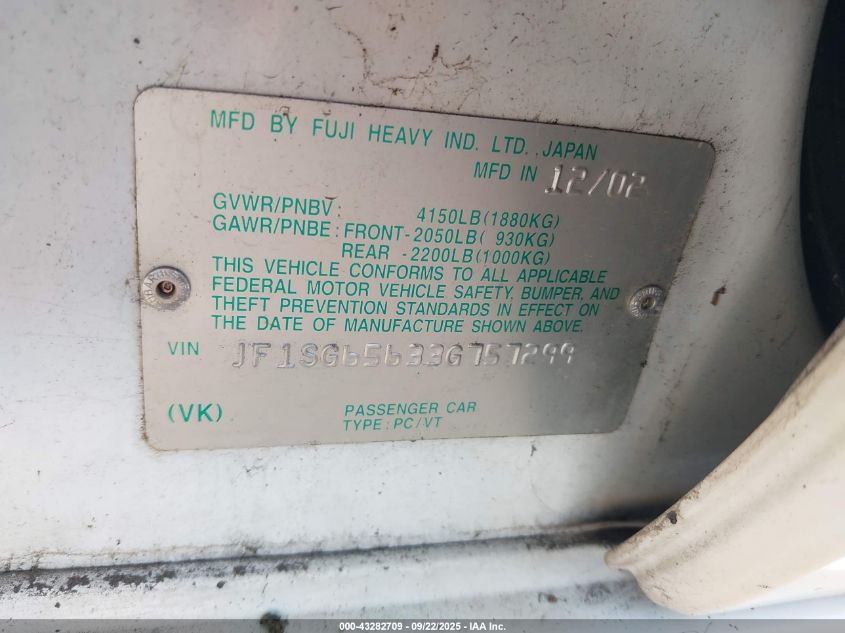 2003 Subaru Forester Xs VIN: JF1SG65633G757299 Lot: 43282709