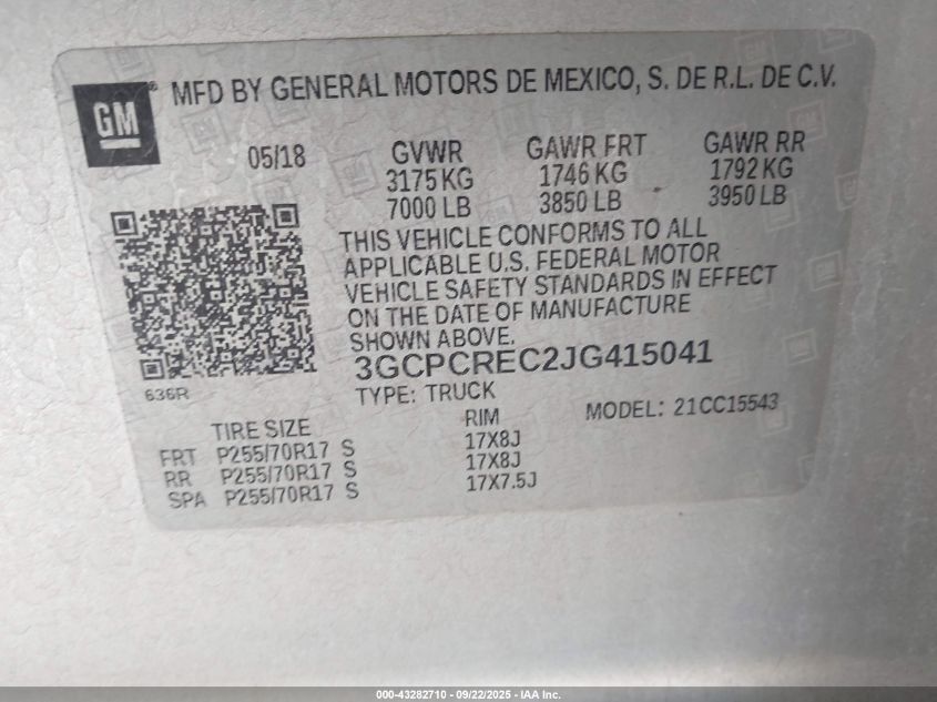 2018 Chevrolet Silverado 1500 1Lt VIN: 3GCPCREC2JG415041 Lot: 43282710