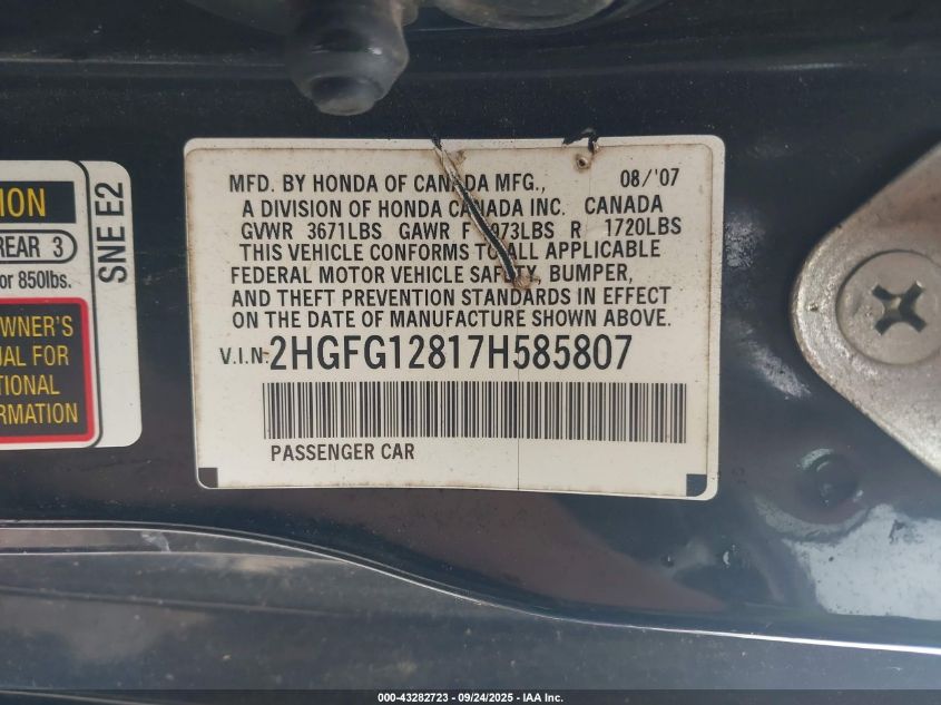 2007 Honda Civic Ex VIN: 2HGFG12817H585807 Lot: 43282723