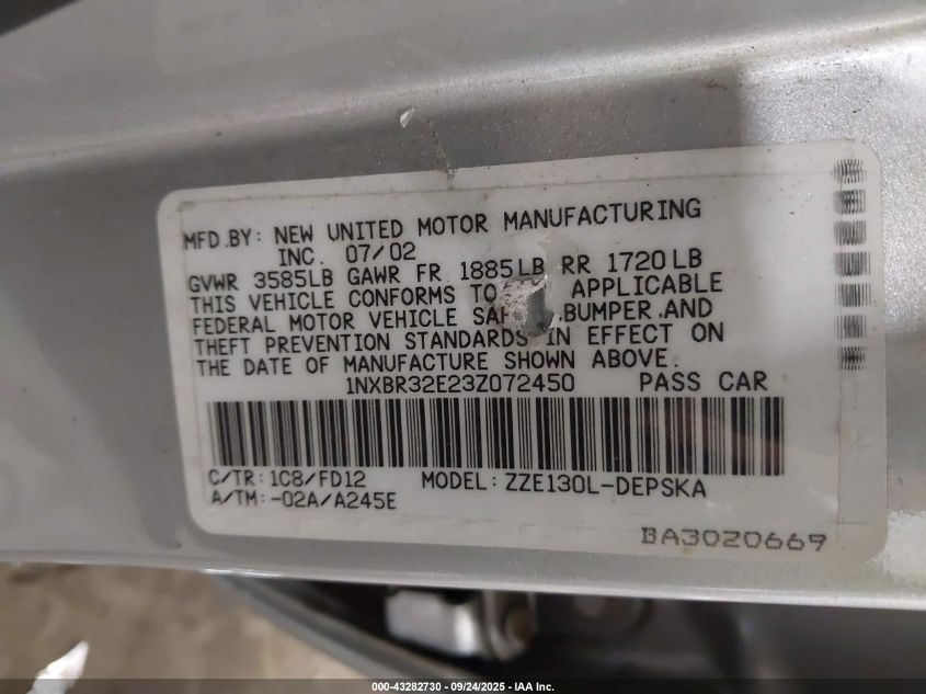 2003 Toyota Corolla S VIN: 1NXBR32E23Z072450 Lot: 43282730