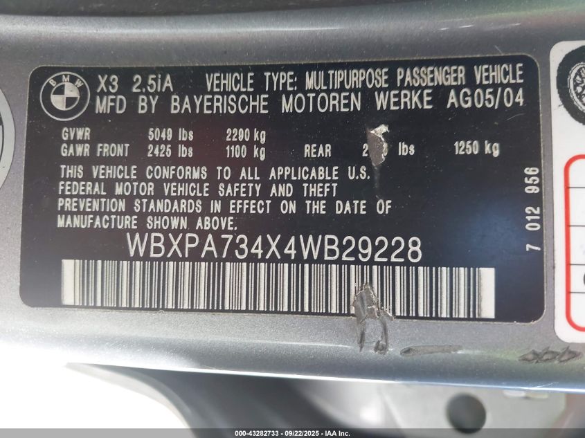 2004 BMW X3 2.5I VIN: WBXPA734X4WB29228 Lot: 43282733