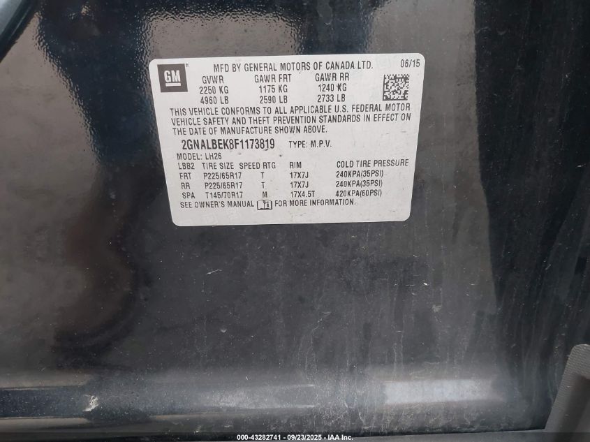 2015 Chevrolet Equinox 1Lt VIN: 2GNALBEK8F1173819 Lot: 43282741