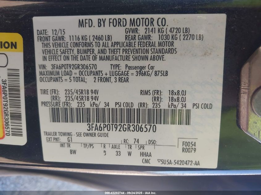 2016 Ford Fusion Se VIN: 3FA6P0T92GR306570 Lot: 43282744