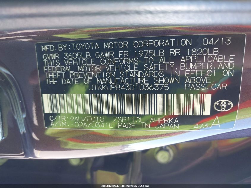 2013 Scion Xd VIN: JTKKUPB43D1036375 Lot: 43282747