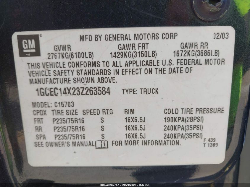 2003 Chevrolet Silverado 1500 VIN: 1GCEC14X23Z263584 Lot: 43282757