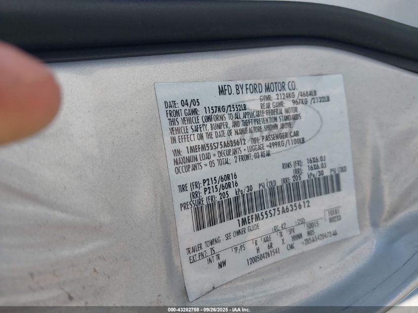 2005 Mercury Sable Ls VIN: 1MEFM55S75A635612 Lot: 43282758