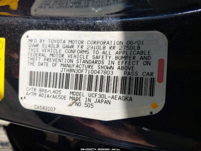 2001 Lexus Ls 430 VIN: JTHBN30F710047803 Lot: 43282774