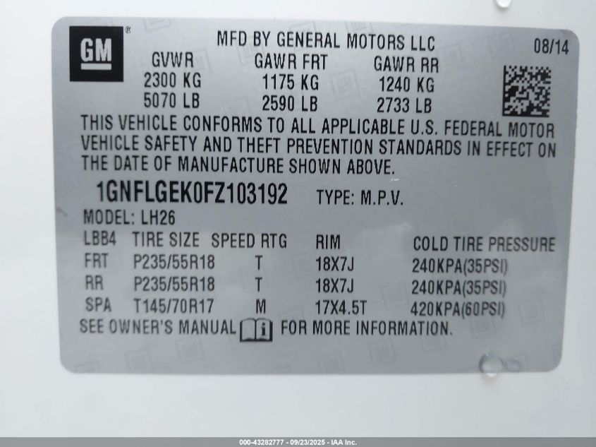 2015 Chevrolet Equinox 2Lt VIN: 1GNFLGEK0FZ103192 Lot: 43282777