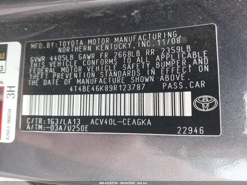 2009 Toyota Camry Xle VIN: 4T4BE46K89R123787 Lot: 43282794