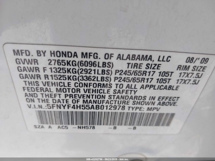 2010 Honda Pilot Ex-L VIN: 5FNYF4H55AB012978 Lot: 43282798