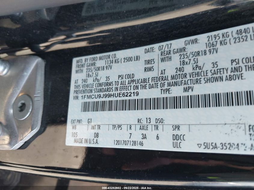 2017 Ford Escape Titanium VIN: 1FMCU9J99HUE62219 Lot: 43282802