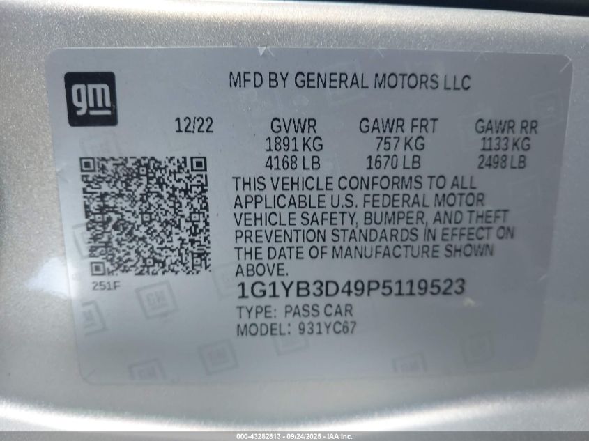 2023 Chevrolet Corvette Stingray Rwd 2Lt VIN: 1G1YB3D49P5119523 Lot: 43282813