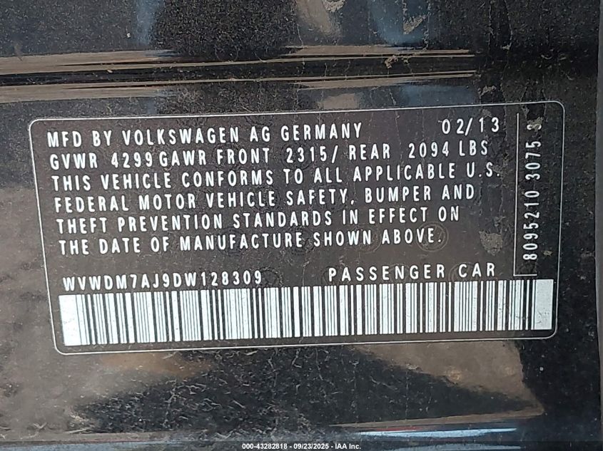 2013 Volkswagen Golf 2.0L Tdi 4-Door VIN: WVWDM7AJ9DW128309 Lot: 43282818