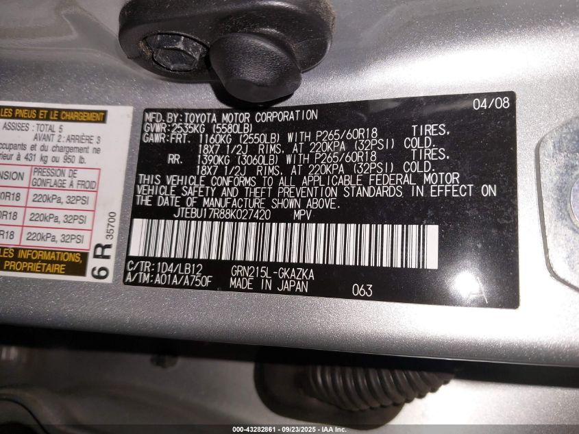 2008 Toyota 4Runner Limited VIN: JTEBU17R88K027420 Lot: 43282861