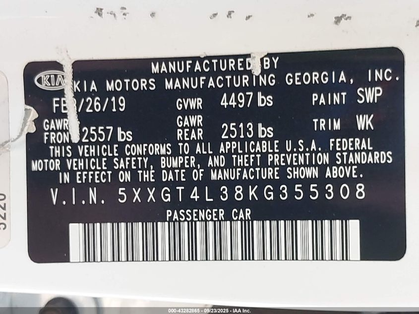 2019 Kia Optima Lx VIN: 5XXGT4L38KG355308 Lot: 43282865