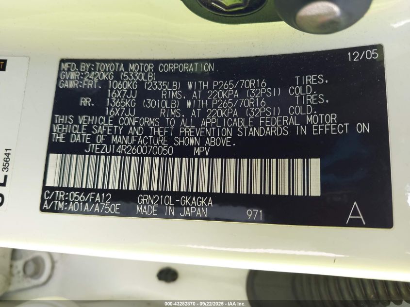 2006 Toyota 4Runner Sr5 V6 VIN: JTEZU14R260070050 Lot: 43282870