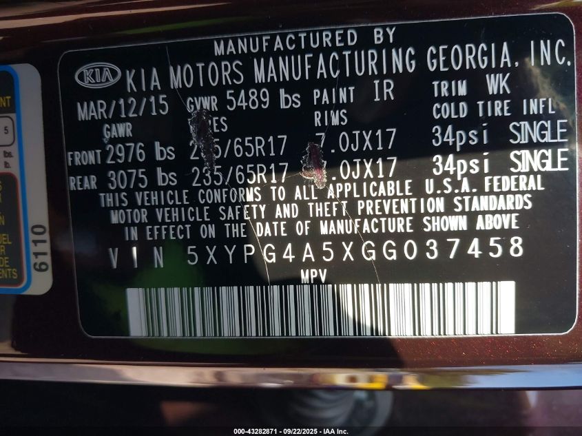 2016 Kia Sorento 3.3L Lx VIN: 5XYPG4A5XGG037458 Lot: 43282871